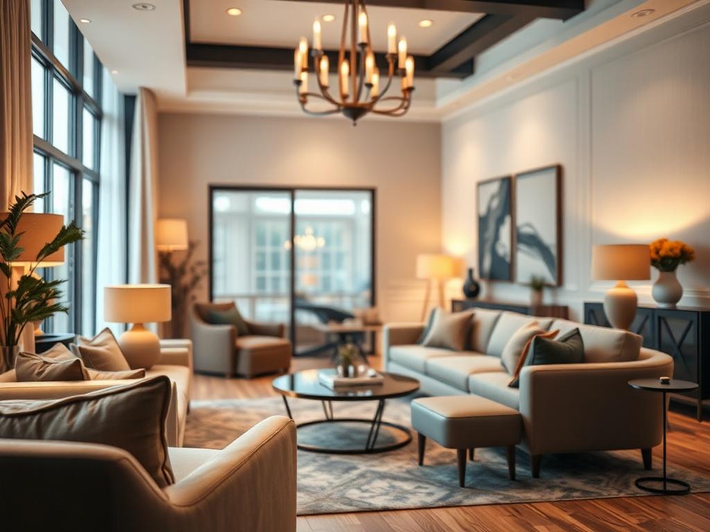 A hyper-realistic close-up shot of a beautifully designed interior space, featuring a well-decorated living room with modern furniture, warm lighting, and elegant decor elements. The background should be softly blurred to highlight the intricate details of the furniture and decor, capturing the essence of a refined and inviting atmosphere. The image should be rendered in high resolution, focusing on the textures and colors that convey a sense of comfort and sophistication.