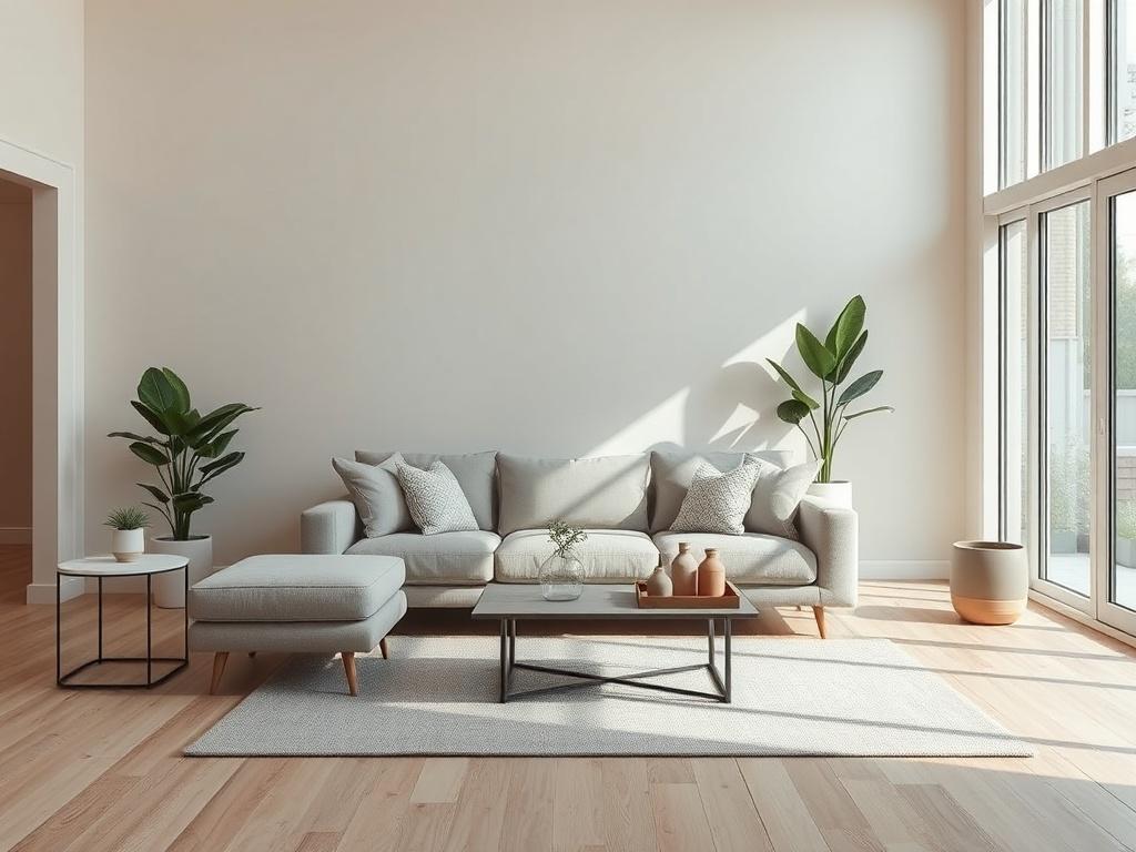Create a realistic high-resolution photo that visually represents the blog titled "The Art of Space Planning." The image should feature a single elegant interior space that exemplifies effective space planning. The composition should be simple and clear, focusing solely on a well-organized living room.

The subject matter should include a stylish modern sofa placed strategically to maximize the flow of the room, accompanied by a minimalist coffee table and a carefully curated selection of decorative items. 