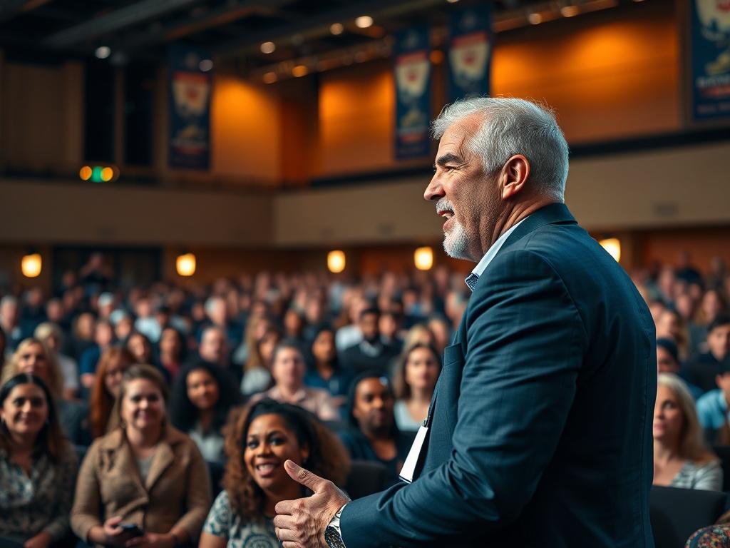 A vibrant close up shot of a keynote speaker passionately