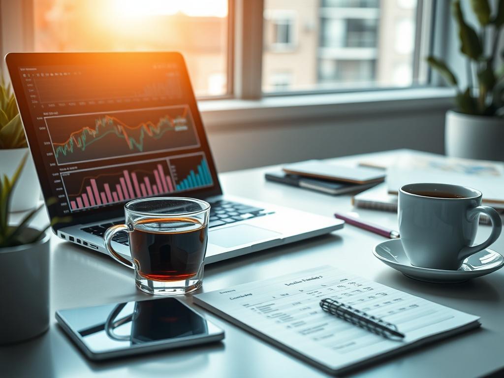 A hyper-realistic close-up shot of a modern workspace featuring a sleek laptop displaying financial graphs and charts. The scene is bright and organized, showcasing a cup of coffee beside the laptop and a notepad with financial notes. The primary color scheme integrates the rgb(50, 170, 39) for a fresh and vibrant look, with soft natural light illuminating the workspace.