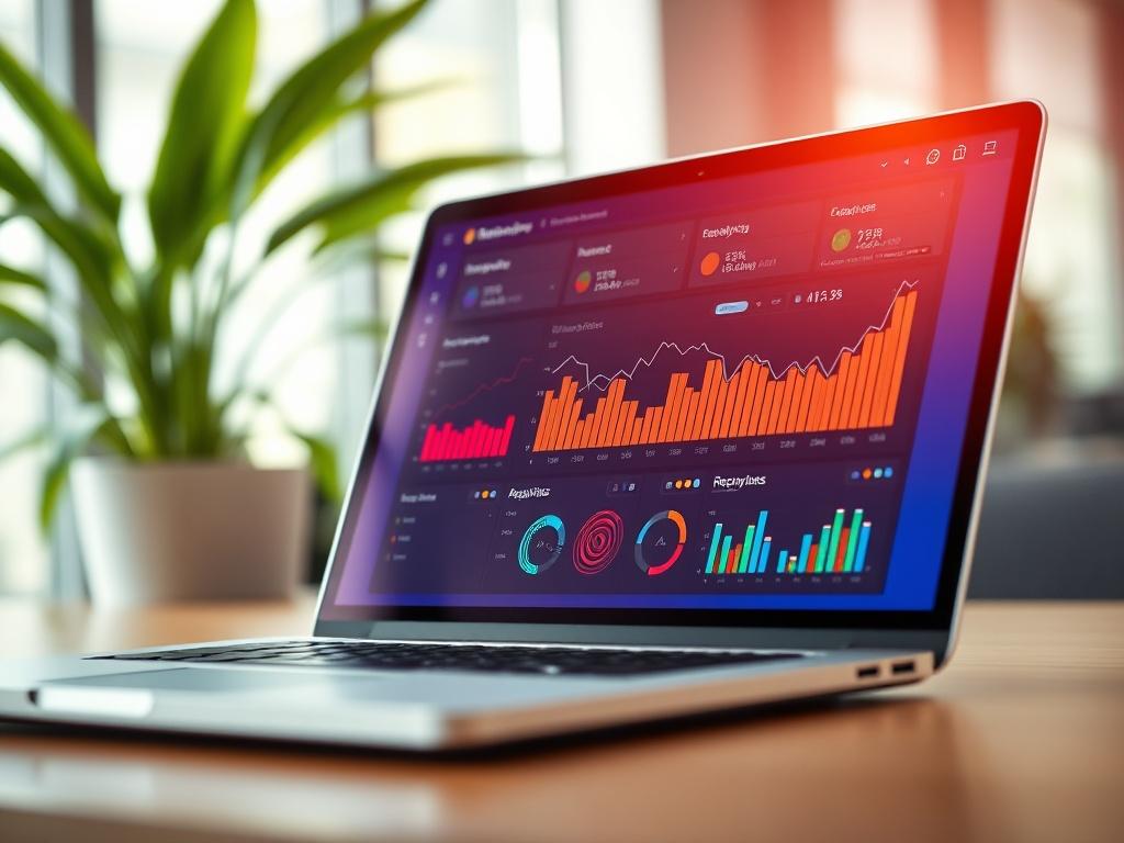 A close-up shot of a modern, sleek laptop displaying a digital bookkeeping dashboard with vibrant graphs and analytics. The background should be a soft-focus office setting with green plants, emphasizing a calm and productive environment. The lighting should be bright and inviting, creating a sense of efficiency and innovation.