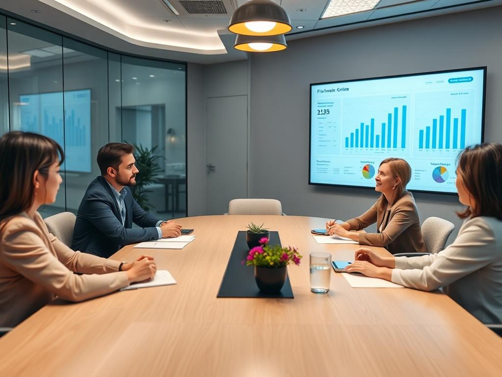 A realistic, high-resolution close-up shot of a team meeting around a conference table, discussing financial strategies with Flowbooks Online's reports projected on a screen. The environment should be sleek and professional, highlighting teamwork and collaboration. The focus should be on the discussion and the impactful visuals on the screen.