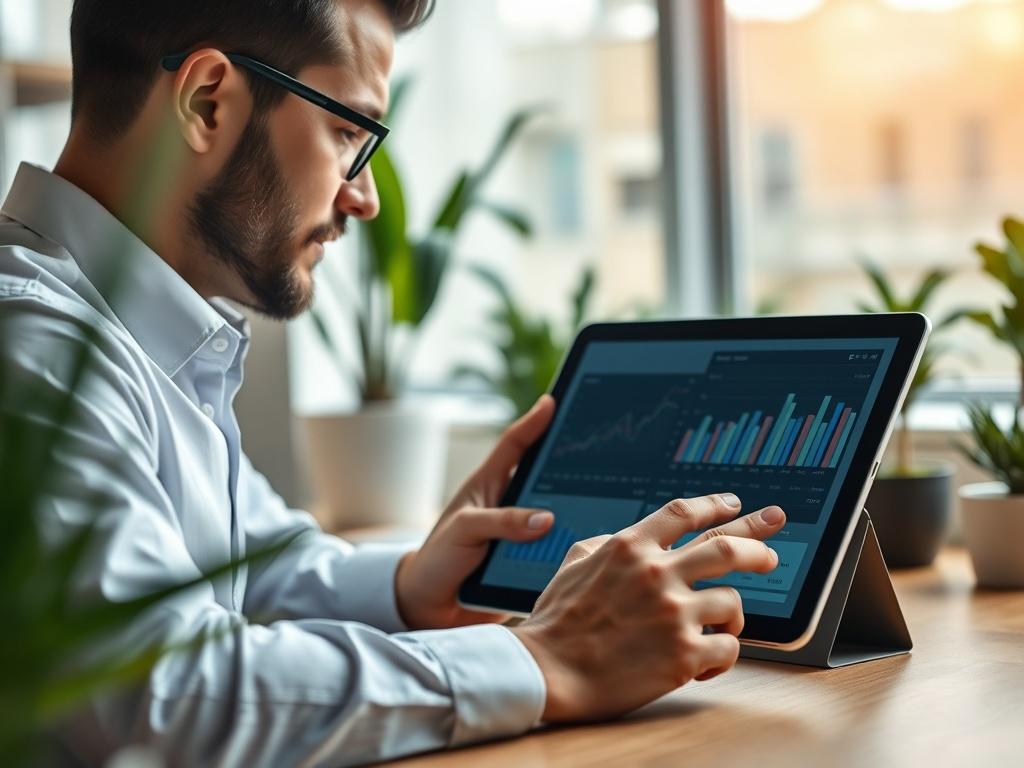 A high-resolution close-up shot of a business professional analyzing financial data on a tablet, with Flowbooks Online's interface visible. The setting should be a bright, modern workspace with plants and soft lighting, showcasing a productive environment. The focus should be on the tablet screen highlighting detailed reports.
