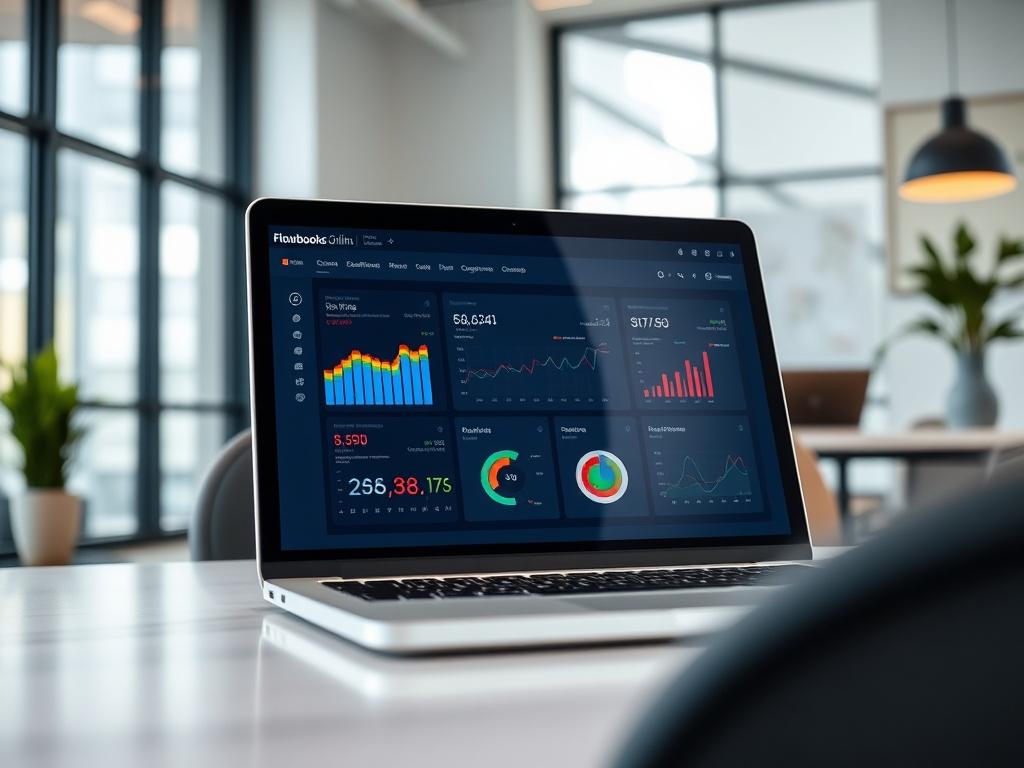 A realistic, high-resolution close-up shot of a laptop displaying Flowbooks Online's dashboard with colorful graphs and charts on the screen. The background should be a clean, modern office space with natural lighting, reflecting a professional atmosphere. The focus should be on the laptop screen, emphasizing the AI features of the bookkeeping software.