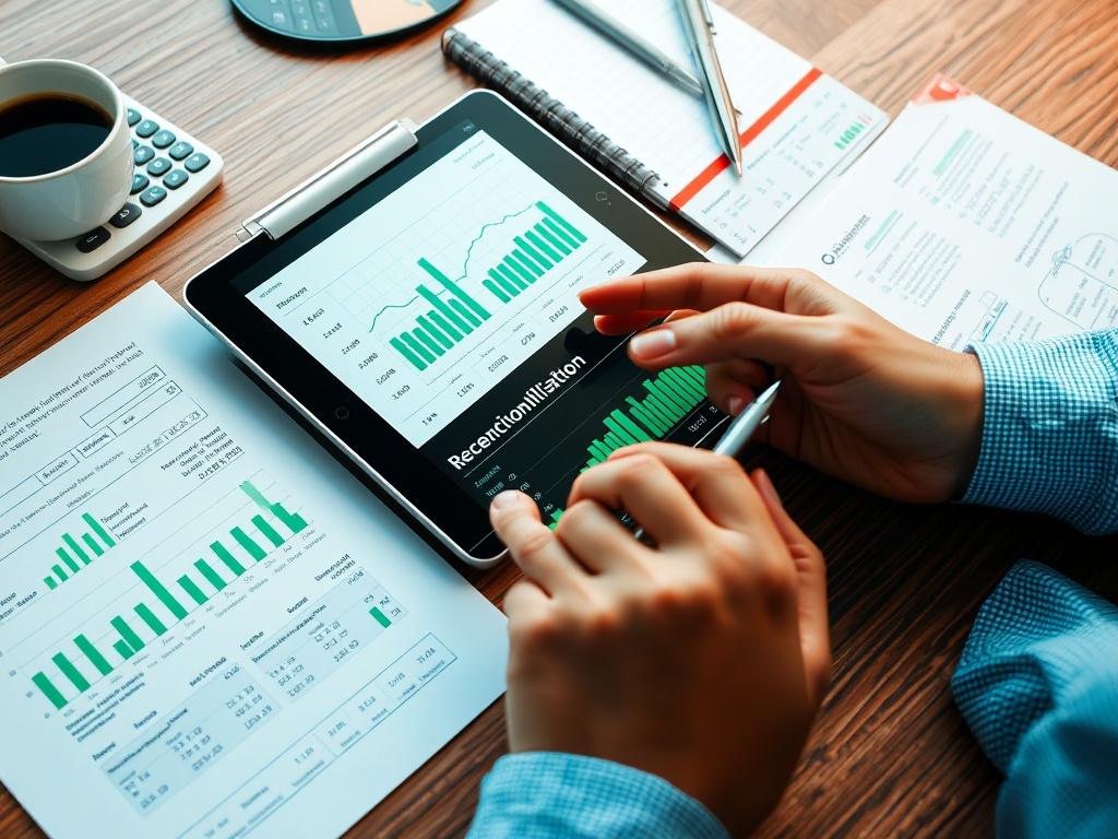 A close-up shot of a person reviewing financial documents on a desk, with a digital device showing reconciliation data. The workspace should be organized and modern, including a calculator, notepad, and a cup of coffee. The focus should be on the digital device displaying graphs and reconciliation results, highlighting the ease of the process. The color palette should feature natural greens (rgb(50, 170, 39)) to enhance the professional look.