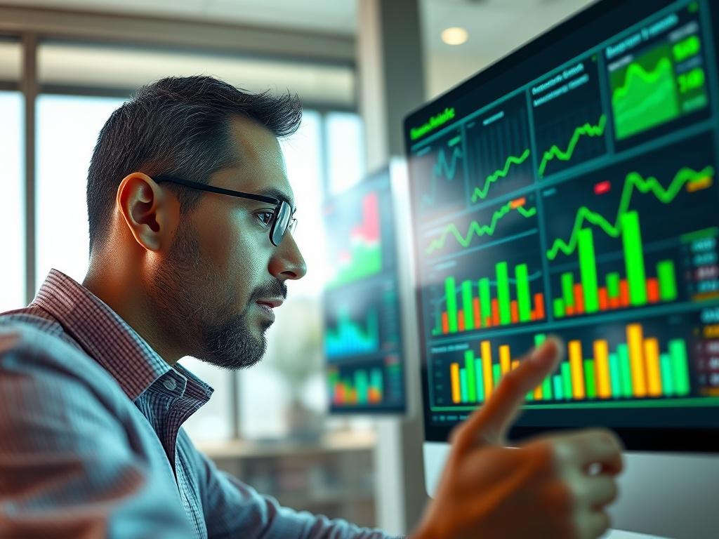 A close-up shot of a business analyst engaging with a digital dashboard displaying financial insights. The setting should be a bright office with a large window, providing natural light. The dashboard should show colorful graphs and metrics, clearly demonstrating financial trends. The focus should be on the analyst's absorbed expression, highlighting the importance of data-driven decisions. Use a color palette with green tones (rgb(50, 170, 39)) to convey a sense of growth and clarity.