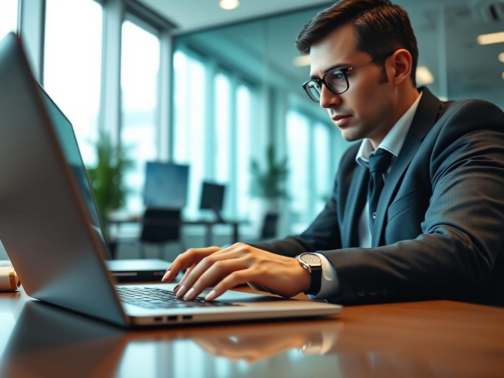 A close-up shot of a business professional interacting with a digital interface, showcasing AI transaction management features. The scene should be set in a modern office environment, with a sleek laptop open, displaying graphs and financial data on the screen. The professional should have a focused expression, emphasizing productivity and efficiency. The background should be blurred to highlight the subject, with a color palette that includes shades of green (rgb(50, 170, 39)).