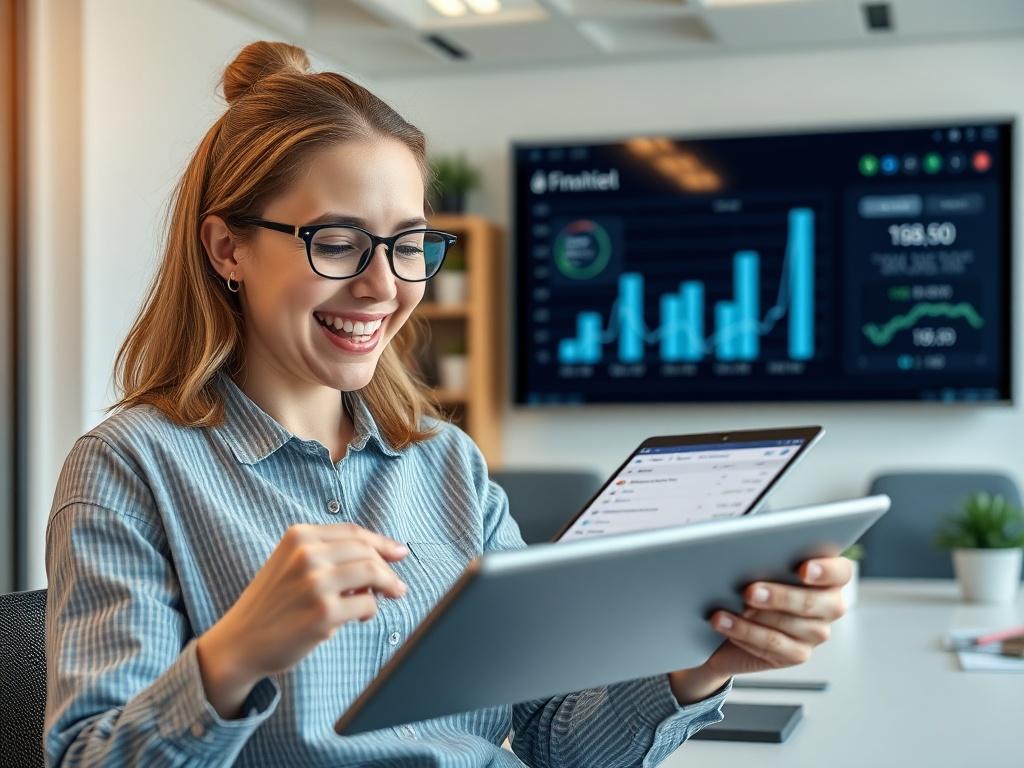 A close-up shot of a person joyfully reviewing their financial statements on a tablet, with a digital assistant interface in the background. The setting should be an organized office space with bright lighting.