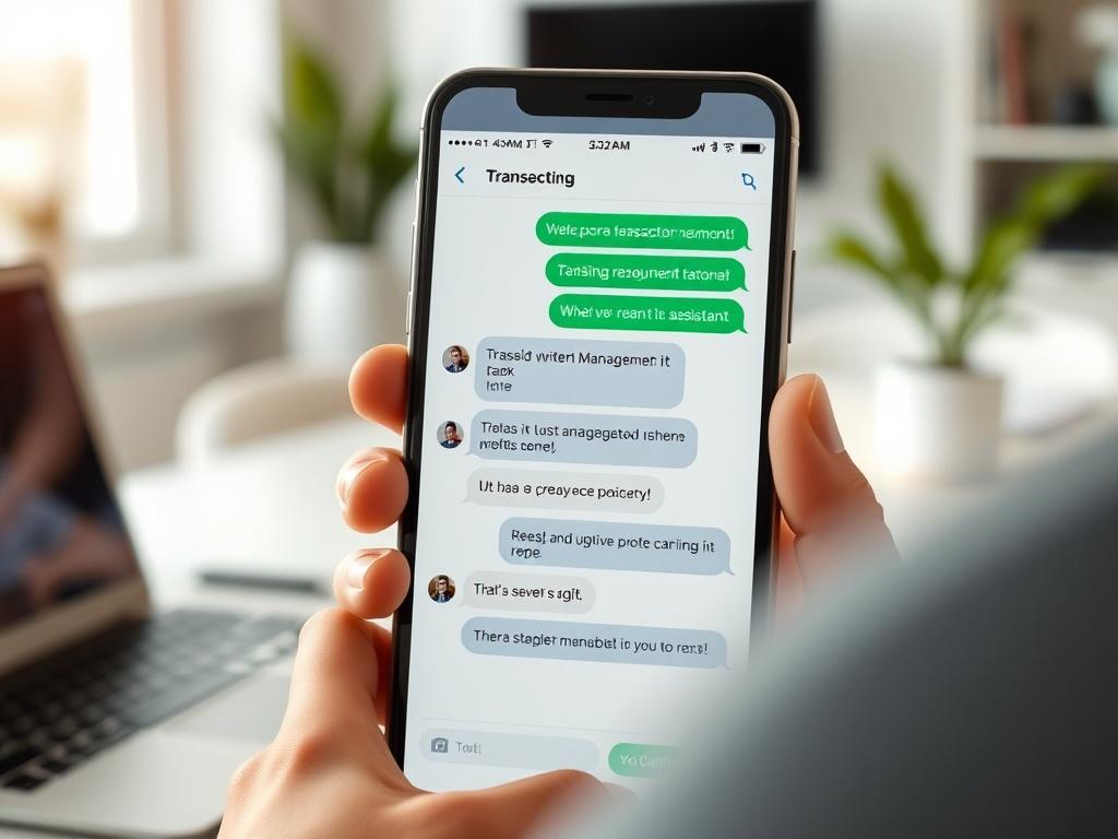 A high-resolution close-up of a smartphone displaying a chat conversation with an AI assistant, showing transaction management options. The background should be a clean, modern workspace with soft natural light.