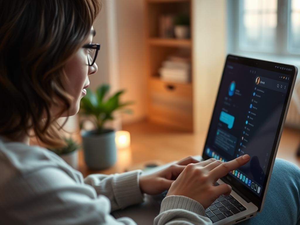 A close-up shot of a person using a laptop to chat with an AI assistant on the screen, with a focus on their engaged expression. The background should be a cozy home office setting, well-lit to create a warm and inviting atmosphere.