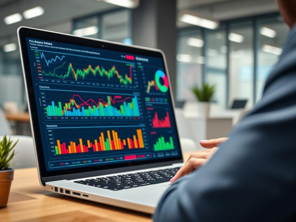 A close-up of a laptop screen displaying colorful financial graphs and reports, with a person analyzing the data. The background should be a bright and modern office environment, conveying a sense of professionalism.