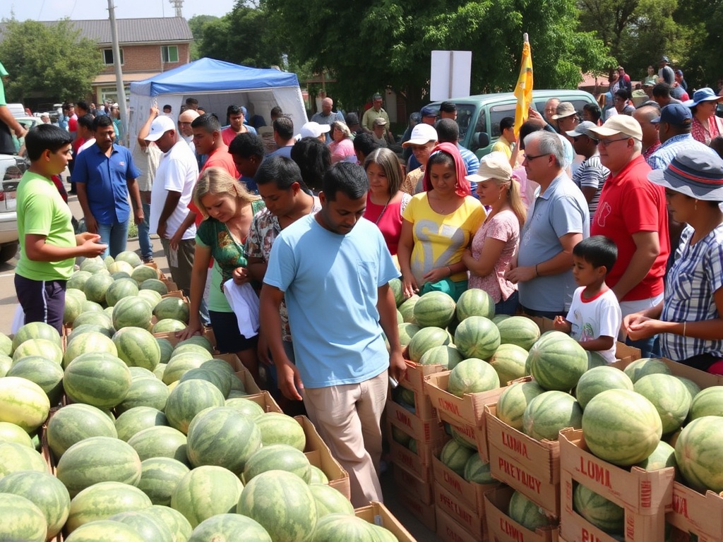 Community gathering to pick up fresh watermelons at a scheduled distribution event