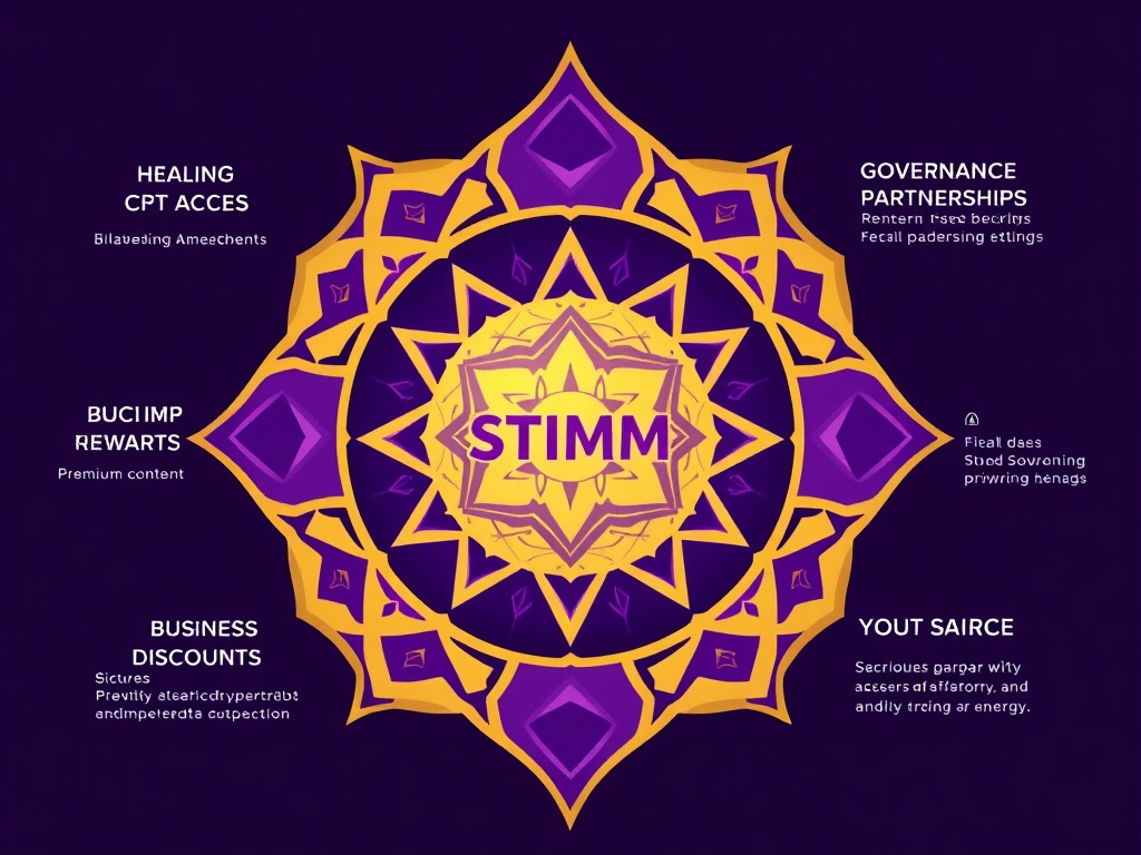 STIMM Token ecosystem benefits visualization with purple and gold branding