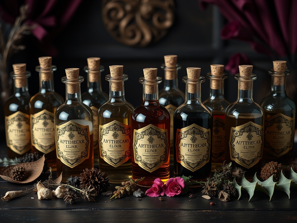 Royal Apothecary elixir bottles collection with gold labels and botanical elements