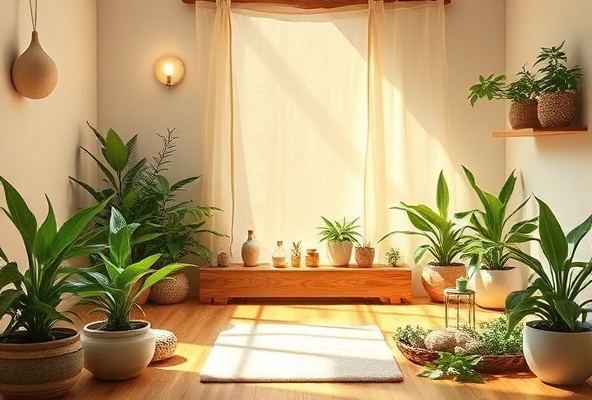 Peaceful healing sanctuary with herbs and plants