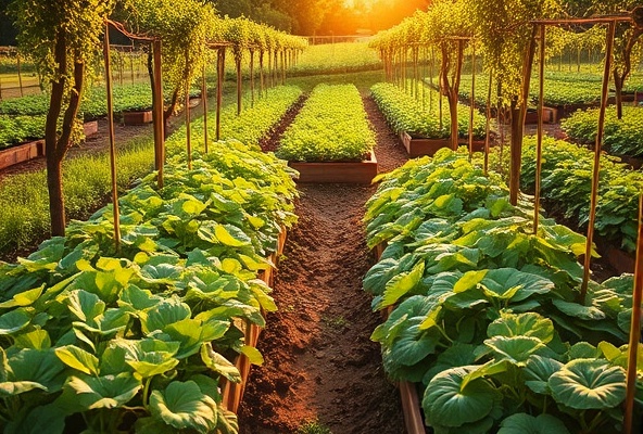 Lush garden with fresh vegetables and growing plants