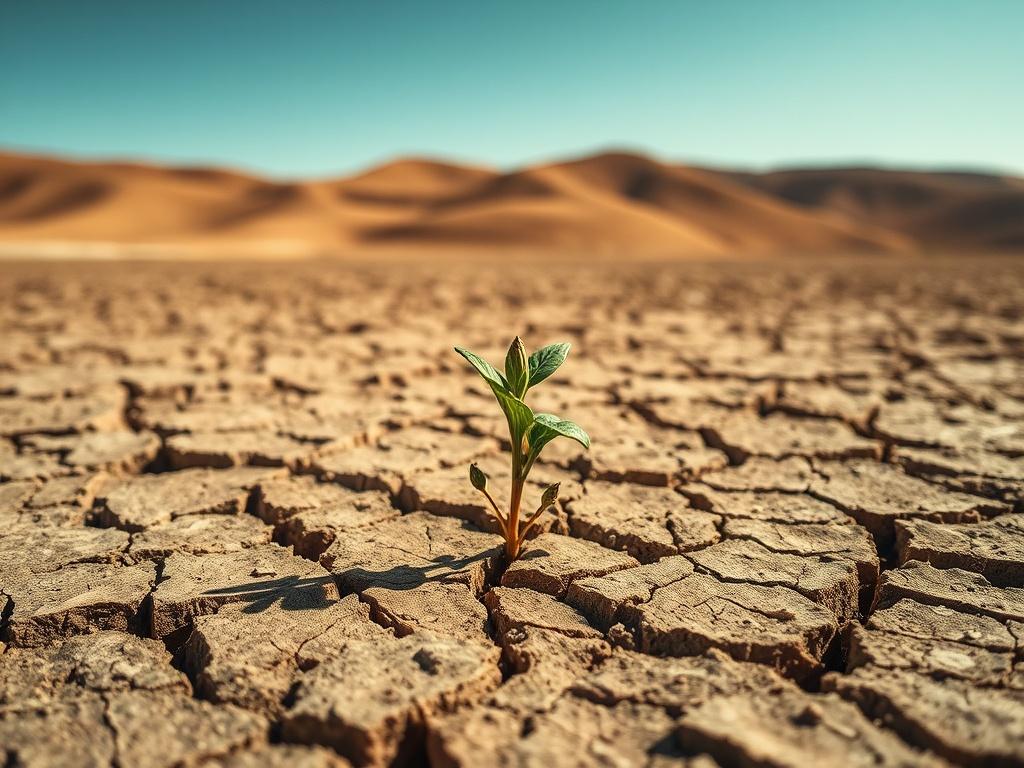 **Prompt for AI Image Generator:**

Create a realistic high-resolution photo that visually represents the impact of climate change on water access in Amaicha del Valle. The image should feature a single subject: a dry, cracked earth with a small, wilting plant struggling to survive amidst the parched soil. The plant should be positioned in the center of the composition, drawing the viewer’s attention directly to it. 

The background should depict a barren landscape typical of Amaicha del Valle, with rolling