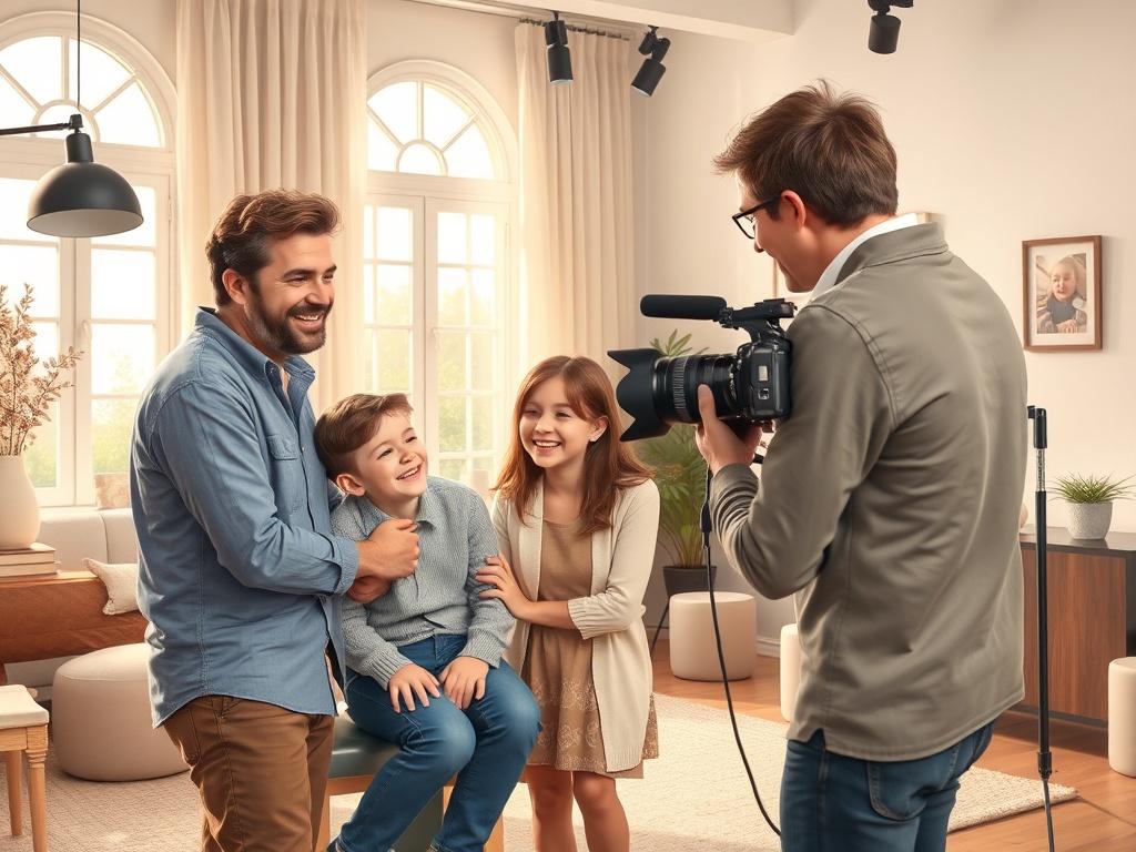 A beautifully lit photography studio featuring a professional photographer capturing a joyful family portrait. The studio has soft, natural light coming through large windows, and the background is tastefully decorated with neutral colors and elegant props. The family is smiling and engaging with each other, showcasing genuine emotions. The photographer is focused, using a high-quality camera, creating an atmosphere of creativity and warmth.