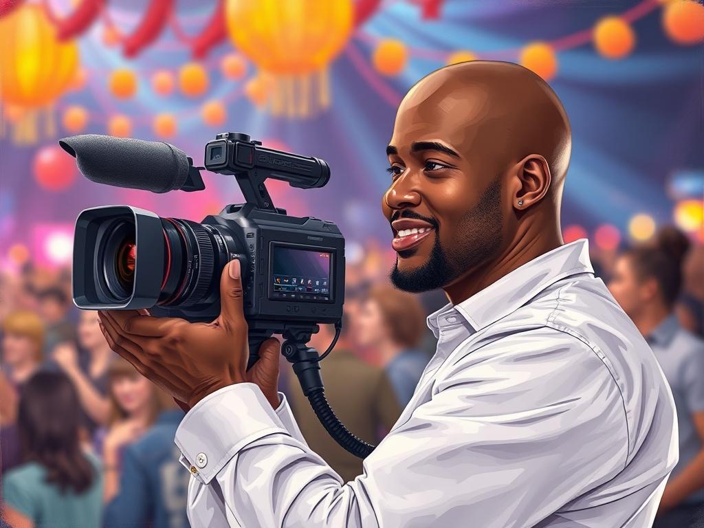 A bald black man enthusiastically capturing moments at a vibrant event using a professional videography camera. He is focused and immersed in his work, surrounded by colorful decorations and a lively crowd. The background features blurred lights and people enjoying the event, creating an energetic atmosphere. The man is dressed stylishly, showcasing a modern and professional appearance.