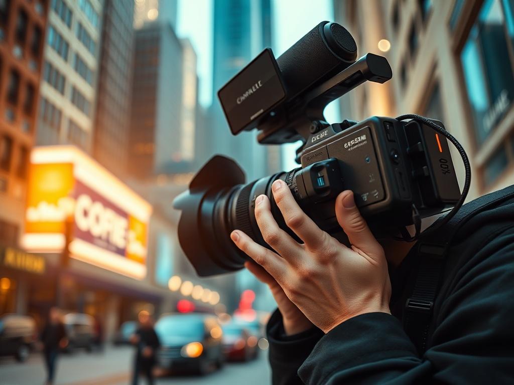 A hyper realistic close up shot of a professional videographer