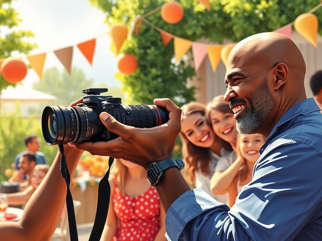 A bald black man capturing moments with a camera while photographing a joyful family at an outdoor event. The scene is vibrant and filled with laughter, with the family members posing and smiling together. The background showcases a sunny day with greenery and decorations, creating a warm and inviting atmosphere. The photographer is focused on his craft, showcasing professionalism and passion for capturing memories.