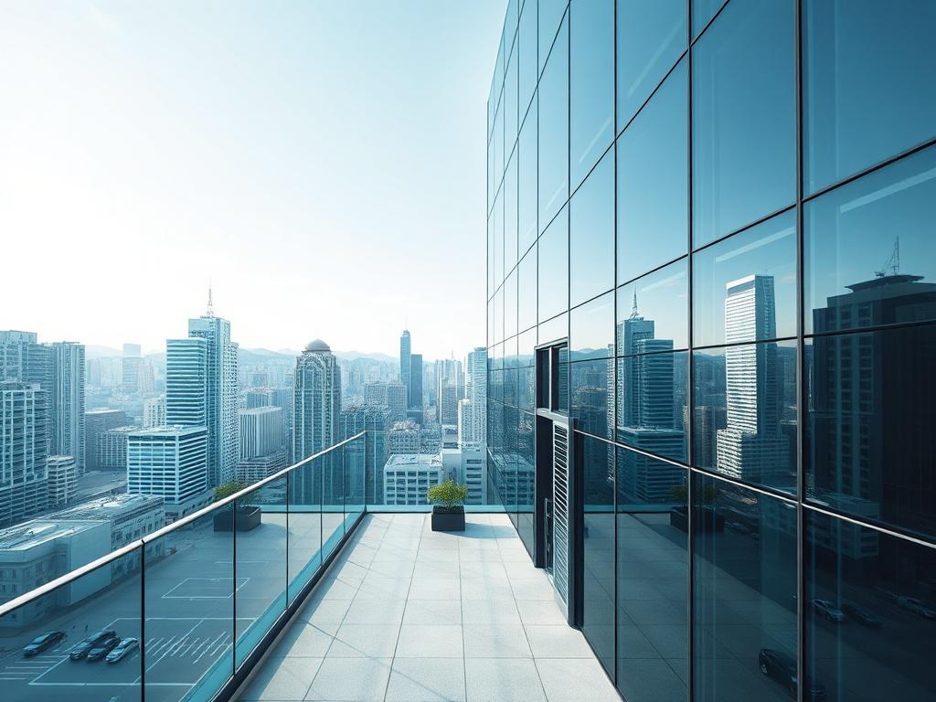 A professional office building in a bustling business district, with