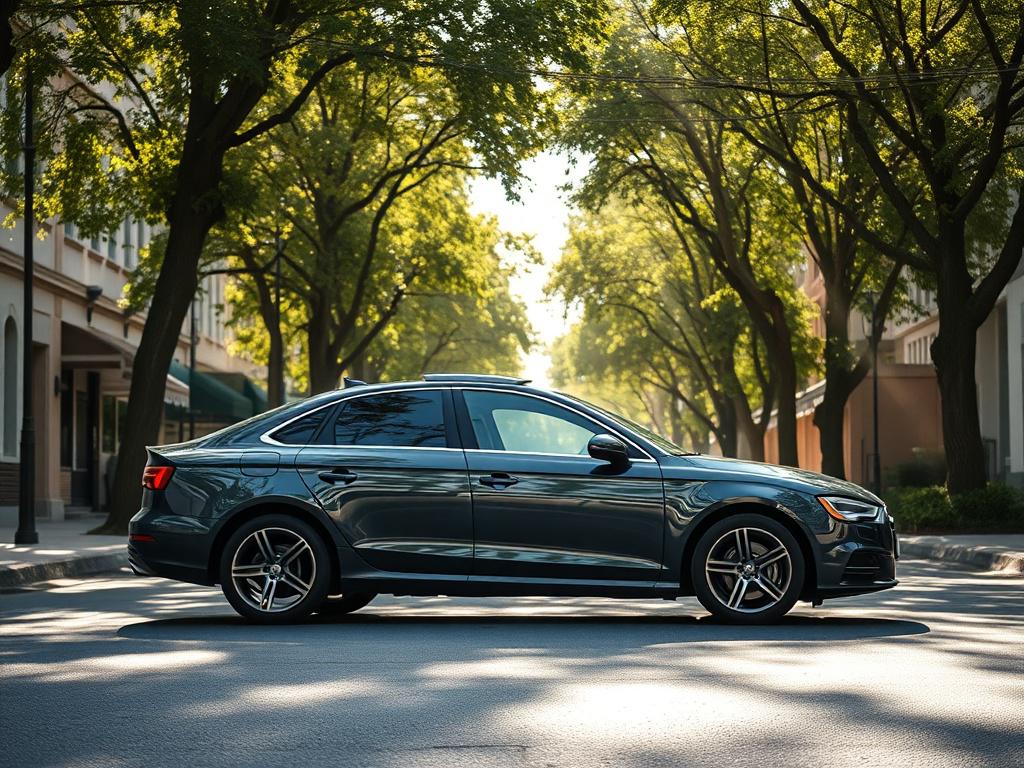 A modern car parked on a tree lined street during