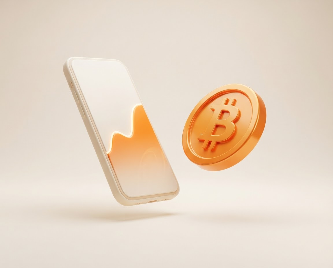 A bitcoin and smartphone representing easy investing with Shakepay