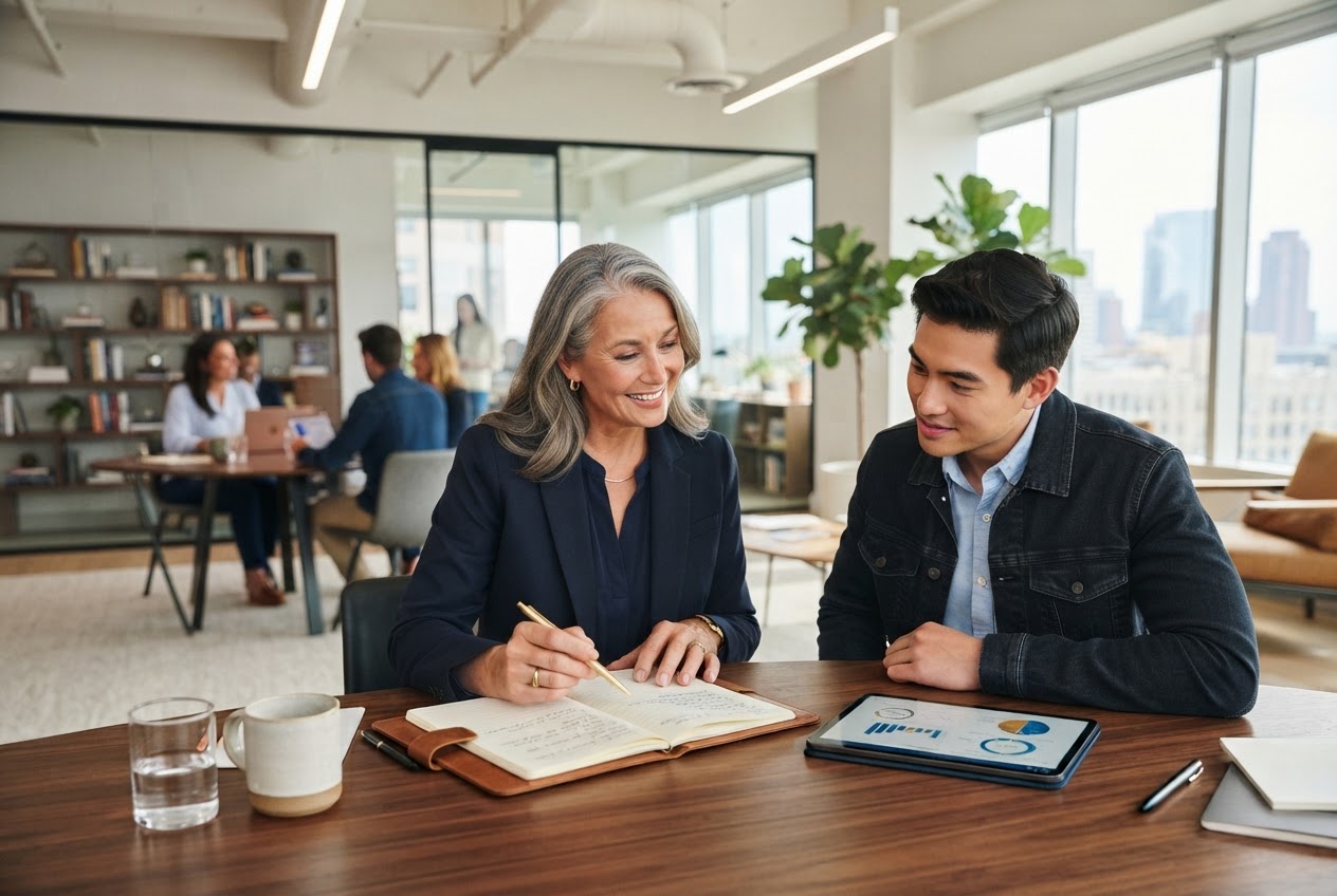 An insurance professional mentors a prospective agent in a modern office