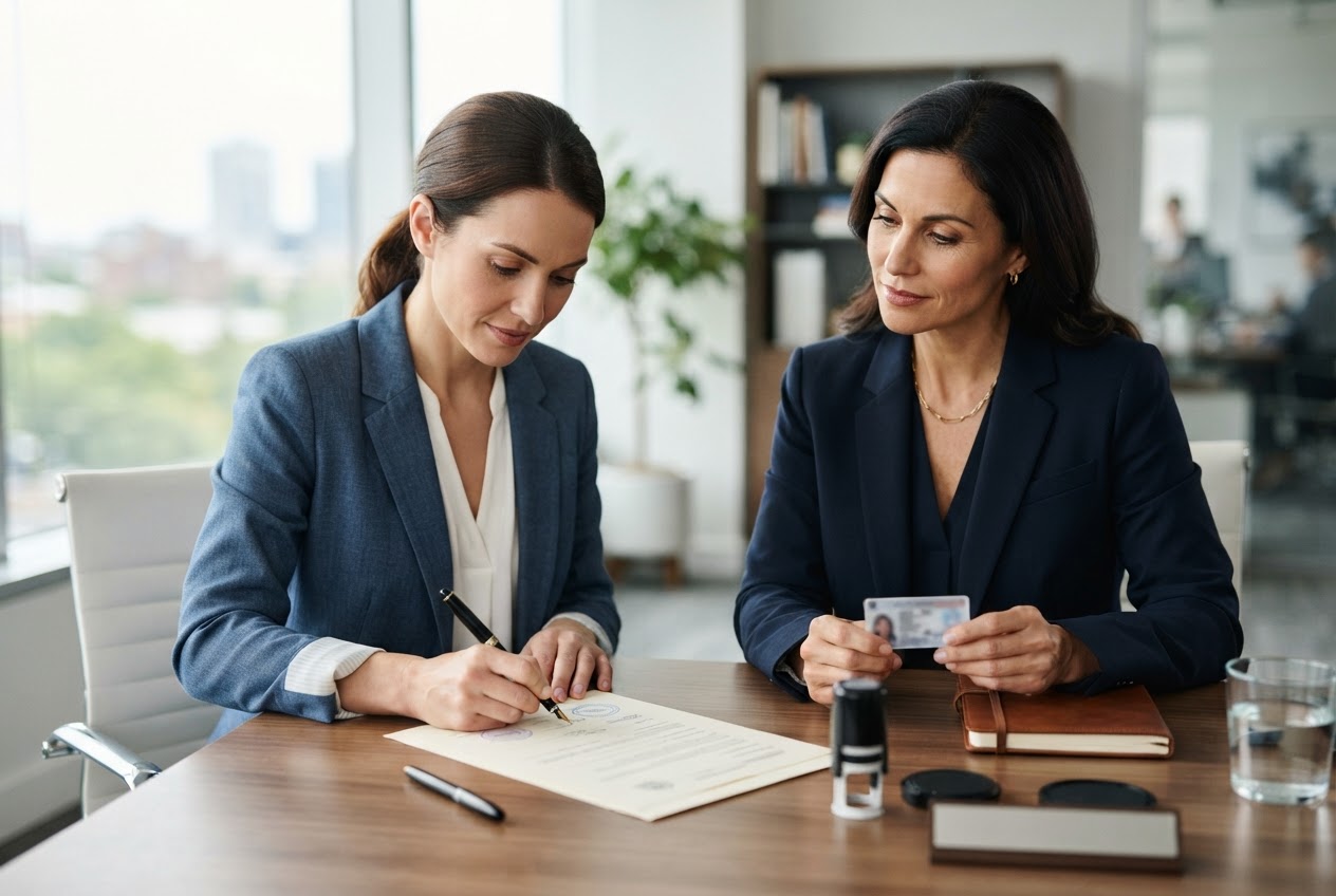 A client signs a document during a professional notary consultation