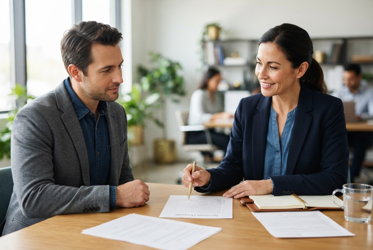 A notary explains a document checklist to a client