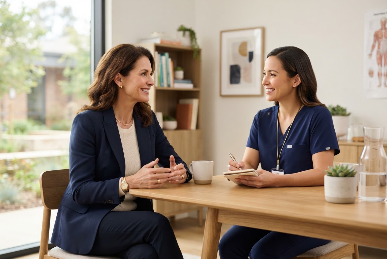 A woman discusses recovery and wellness with a clinician