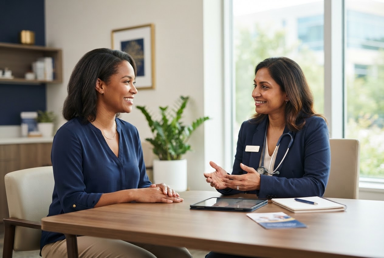A woman discusses a health plan with a physician