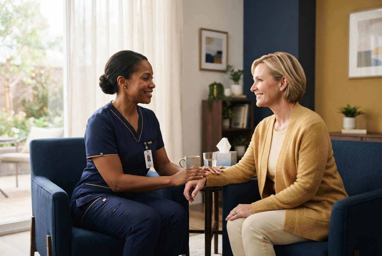 A patient and oncology nurse have a supportive conversation