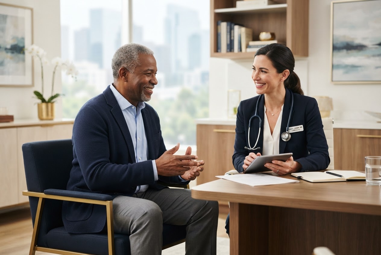 A man discusses heart health with a cardiac care professional