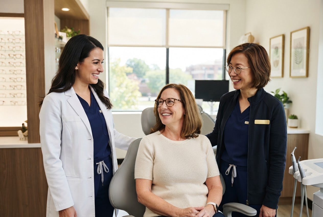 Dental and vision professionals meet with an adult patient