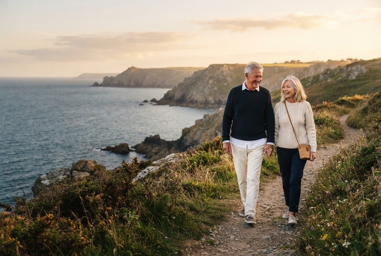 An older couple walks together by the coast