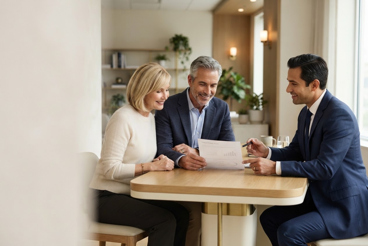 A mature couple reviews a financial plan with an advisor