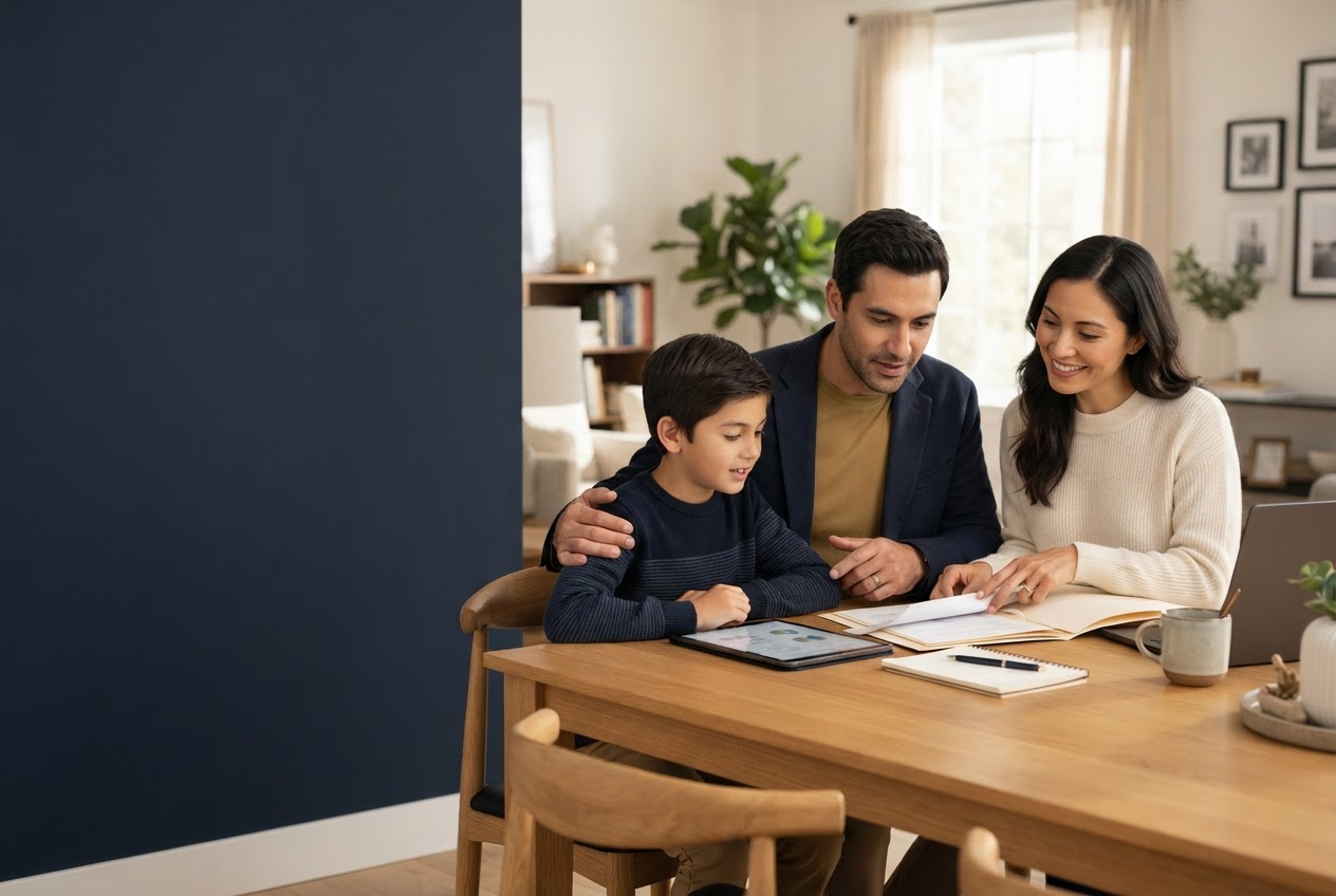 Parents and child discuss plans for education at home