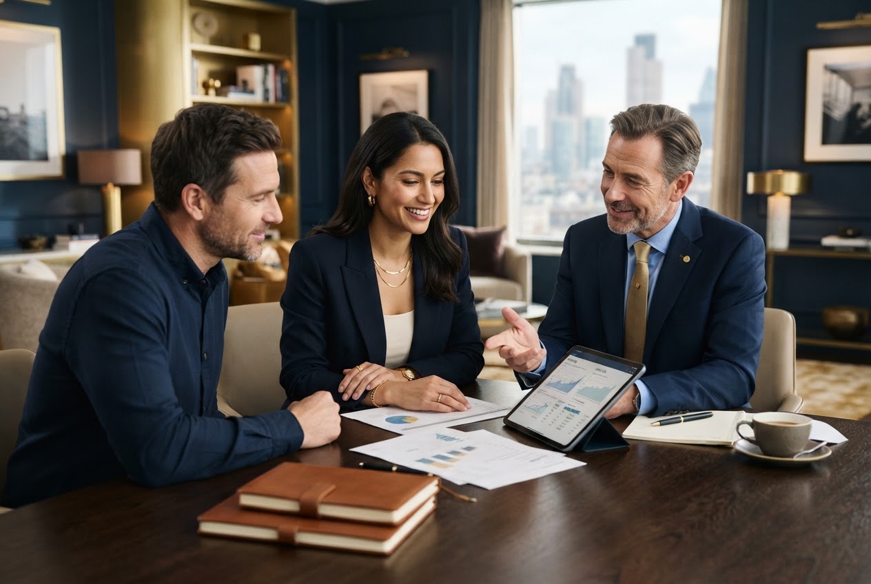 An adult reviews long-term financial goals with an advisor in a modern office