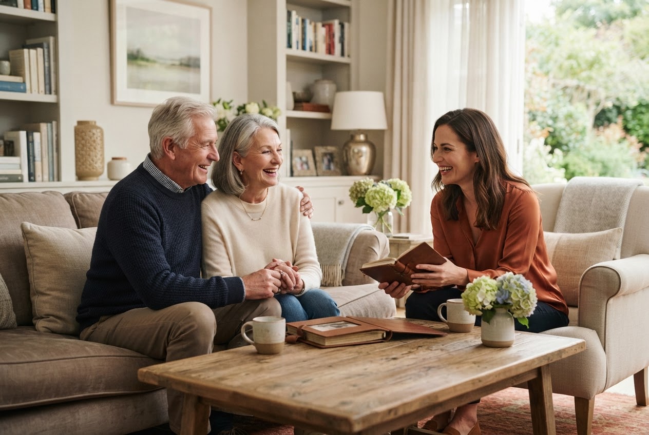 Mature adults and a family member share a relaxed moment at home