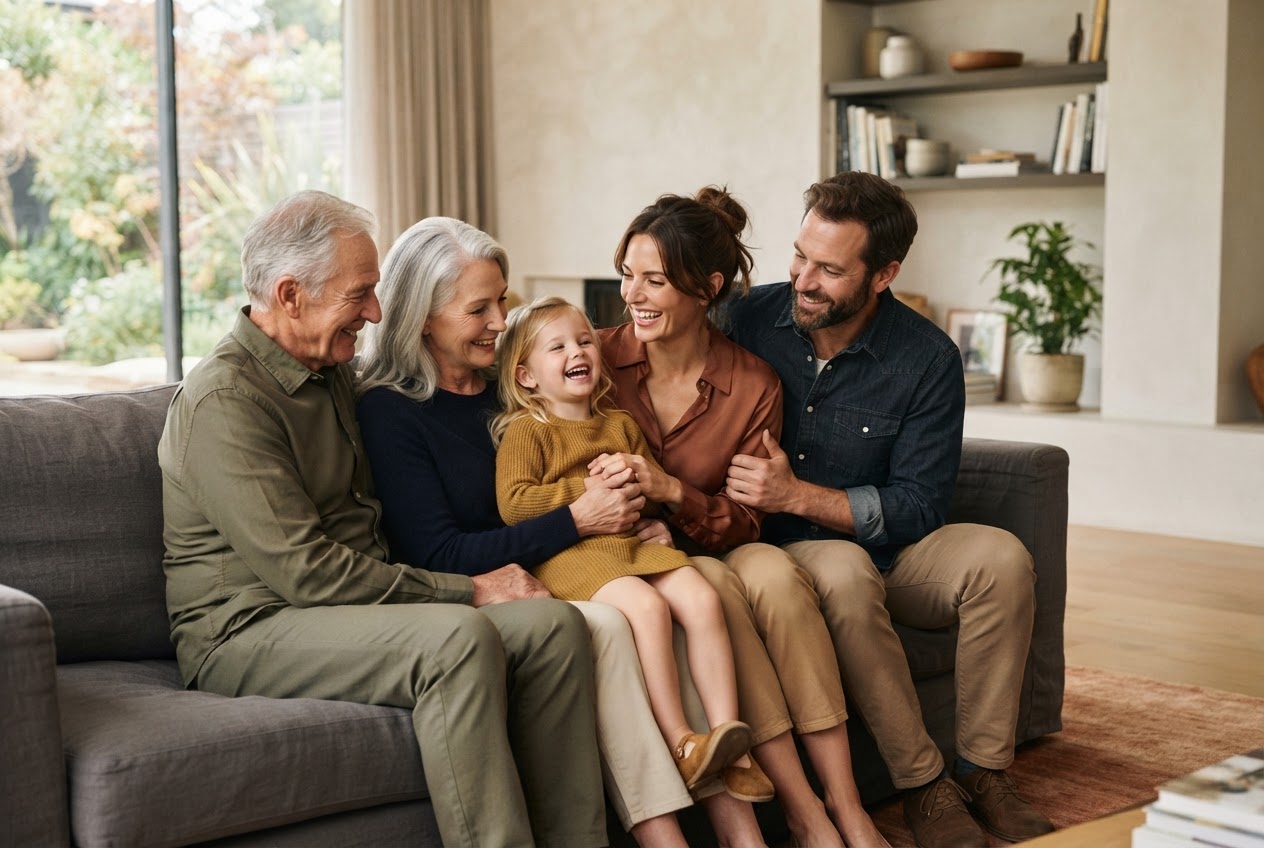 A multigenerational family gathers together at home