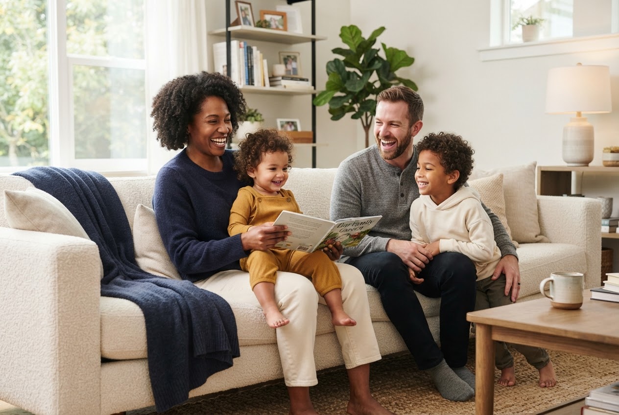 A young family shares a warm moment at home