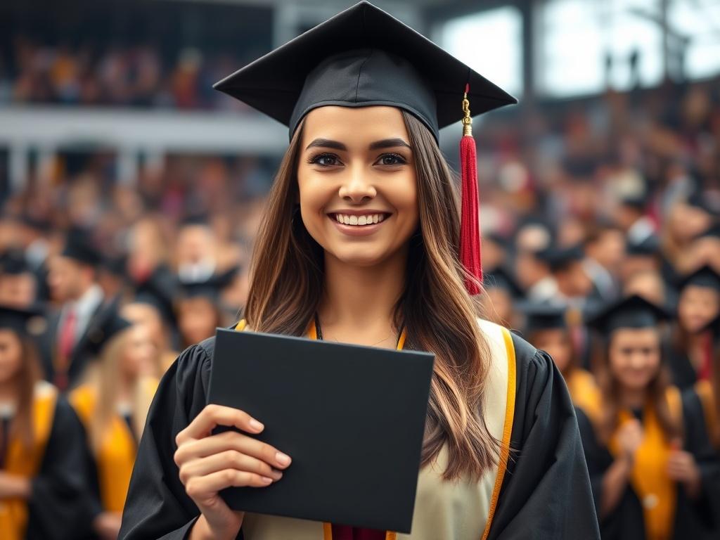 A high resolution image featuring a graduate holding their diploma,