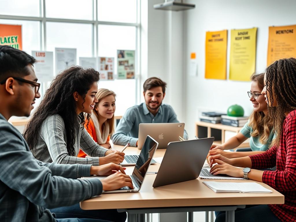 A realistic high-resolution photo of a diverse group of students engaged in a collaborative learning environment. They are seated around a modern classroom table, discussing ideas with laptops open, and notepads in hand. The background features a bright and inviting classroom with motivational posters on the walls and large windows letting in natural light. The composition focuses on the students, capturing their expressions of enthusiasm and teamwork.