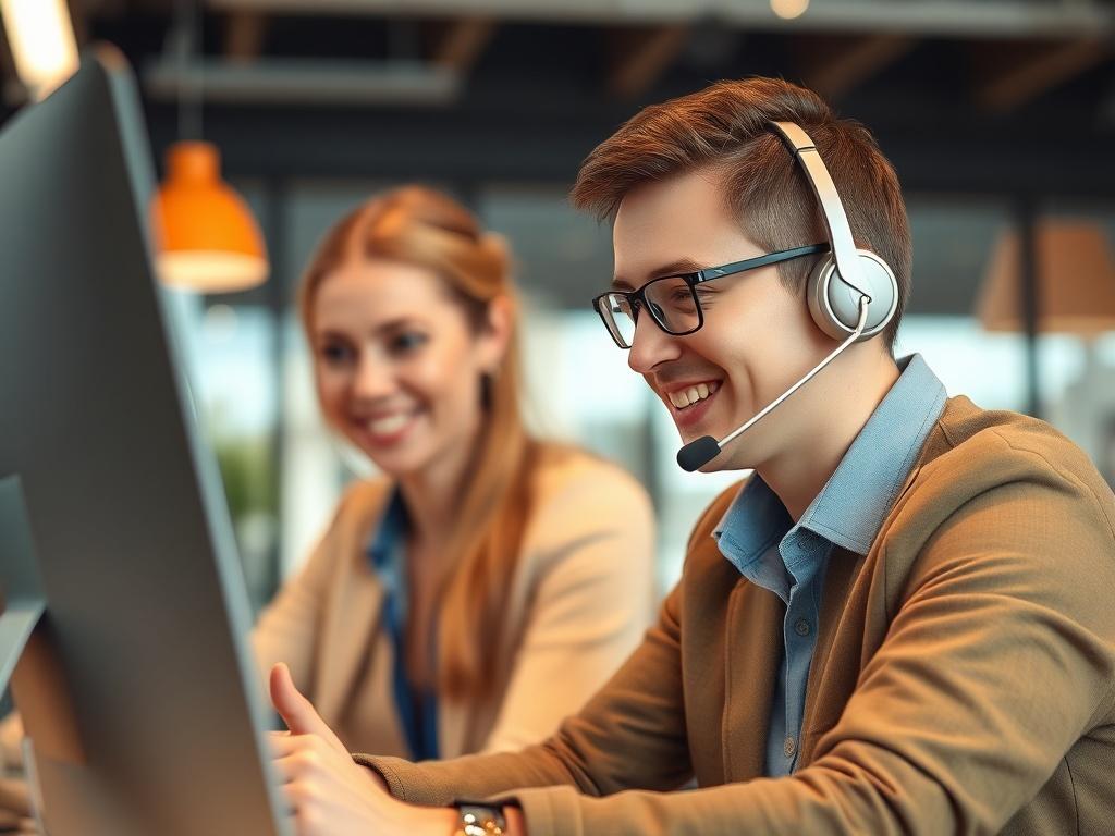 A high-resolution image of a customer service representative assisting a client over the phone, showcasing a friendly and professional demeanor. The background should include elements of a modern office, with a focus on communication and support. The colors should be warm and inviting, reflecting the ideal customer service environment, and align with the primary color rgb(50, 170, 39).
