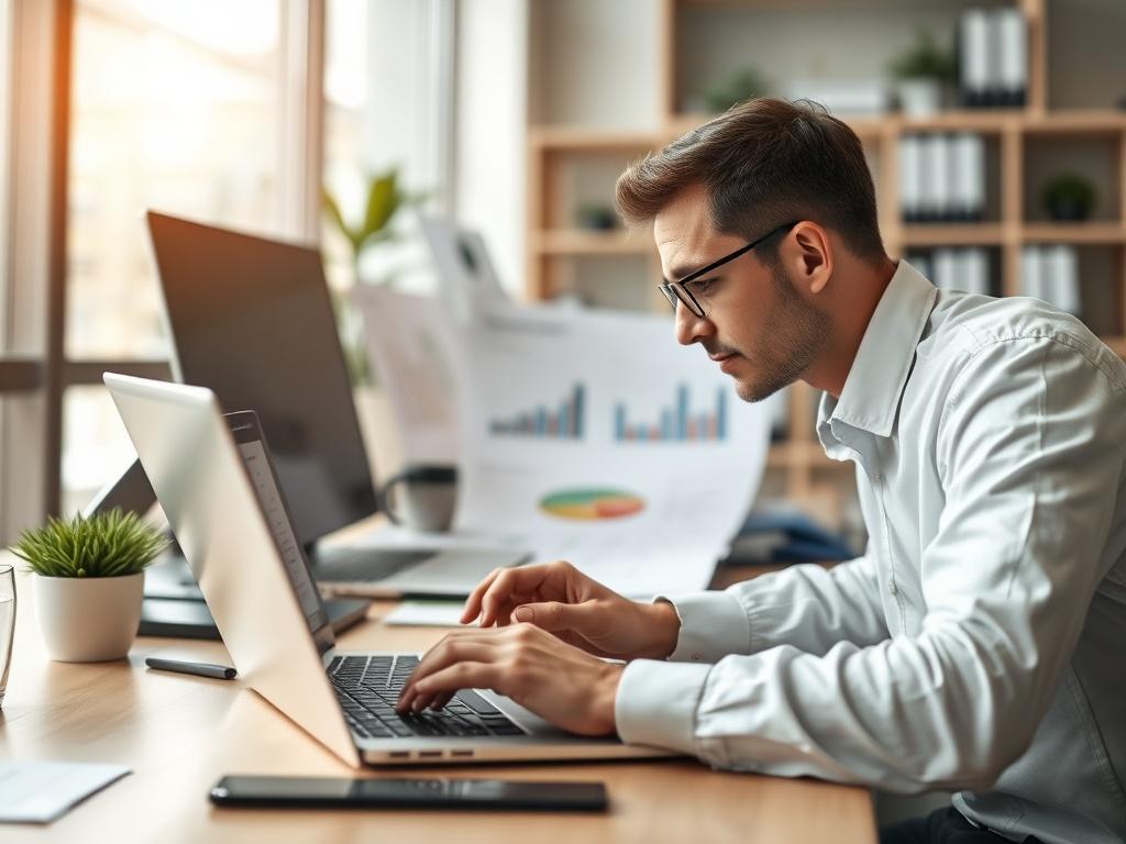 A focused shot of a professional in an office setting, reviewing project plans and timelines on a laptop. The workspace should be organized and modern, with charts and graphs visible on the screen. The image should convey a sense of productivity and professionalism, with a color palette that incorporates the primary color rgb(50, 170, 39).