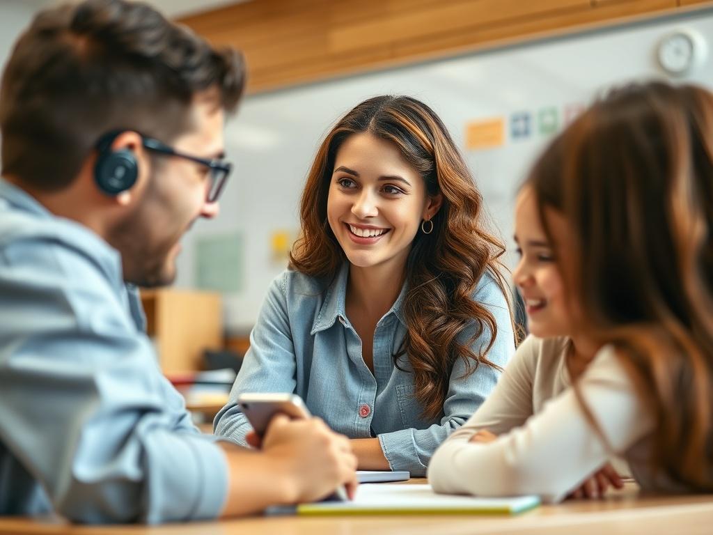 A close-up shot of a confident instructor engaging with students in a modern classroom setting, showcasing a collaborative learning environment. The setting should be bright and inviting, emphasizing the use of technology in education. The background should have educational materials and a whiteboard, capturing the essence of a supportive learning space, shot in hyper-realistic style.
