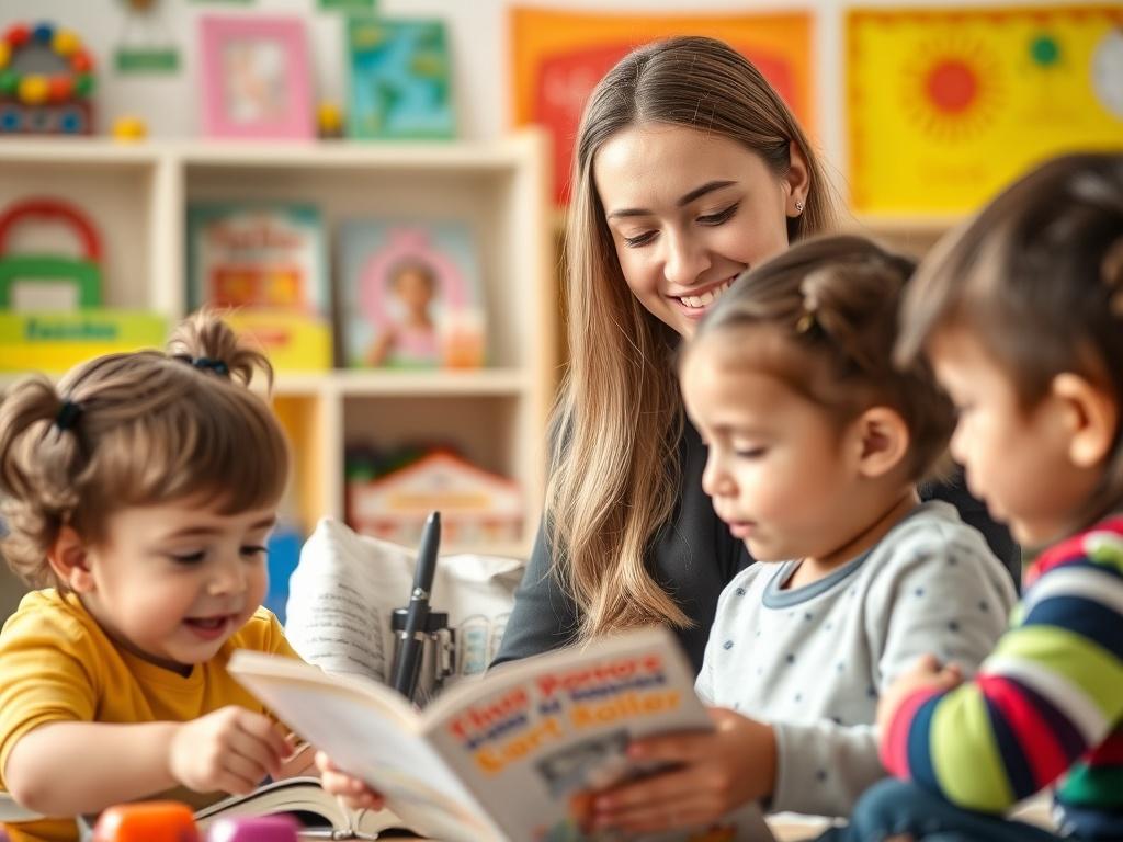 A focused and engaging image of an Early Childhood Assistant (ECA) in a classroom setting. The ECA should be interacting with young children, possibly reading a story or playing an educational game. The background should show colorful educational materials like books, toys, and art supplies. The lighting should be bright and cheerful, emphasizing a positive learning environment. The subject should be smiling and engaged with the children, capturing the essence of nurturing and educational support.