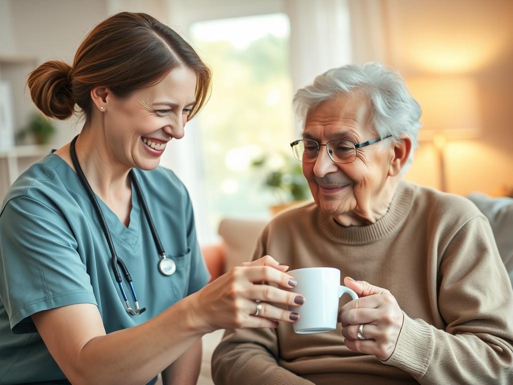 A realistic high-resolution photo of a caring Personal Support Worker assisting an elderly person in a bright, warmly lit living room. The Personal Support Worker is a middle-aged woman with a friendly smile, wearing scrubs, gently helping the elderly person with a cup of tea. The background features comfortable furniture and soft lighting, creating a welcoming home environment. The image should focus closely on the interaction between the caregiver and the elderly person, capturing a moment of compassion a